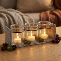 Product Rustic glass container set in grey and white wooden stand – 27.5x9x11 cm – Versatile storage and decoration solution