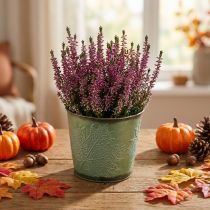 Product Planter for autumn, planter with leaf decoration, metal bucket green Ø14cm H12.5cm