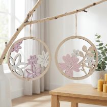 Product Decorative Hanging Wood Flowers Natural White Purple Glitter Ø12cm 6 Pcs