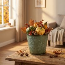 Product Decorative bucket with leaf decoration, autumn pot, metal decoration green Ø17cm H14.5cm