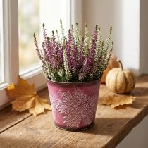 Product Decorative pot for planting, tin bucket, metal decoration with leaf pattern wine red Ø14cm H12.5cm