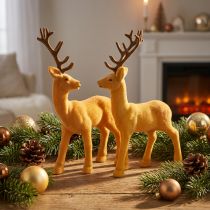 Product Deer deco reindeer yellow brown flocked H20.5cm set of 2
