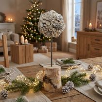 Product Wooden Decoration Tree Winter Decoration Birch Acorns Cones White H40cm