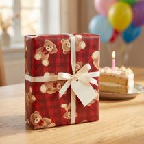 Product Gift wrap birthday teddy bear red checked 70x200cm