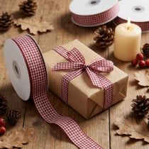 Product Gift ribbon checked Bordeaux 8mm-25mm 20m