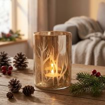 Product Lantern Glass Deco Trees Brown Tealight Glass Ø9.5cm H13.5cm