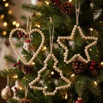 Product Christmas decorations: wooden beads, heart, star, tree, 13cm high, 6 pieces