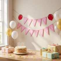 Product Birthday decoration pennant garland made of felt, pink, 300cm
