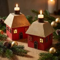 Product Candle Holder Christmas House Wood Red 9×9×11cm 2 Pcs