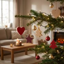 Product Christmas tree decorations wooden heart star tree red 4.5cm 9pcs