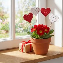 Product Hearts red and white dotted flower pins wood 6×5cm 18 pcs