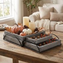 Product Set of 3 Grey Wooden Trays with Metal Handles – Square Design for Storage and Display