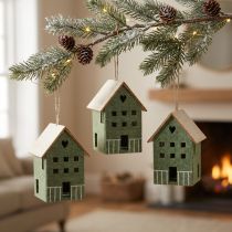 Product Decorative felt house hangers, green natural, Christmas decoration, set of 4