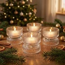 Product Tealight holder ribbed glass decoration clear Ø9cm H7cm 4 pcs