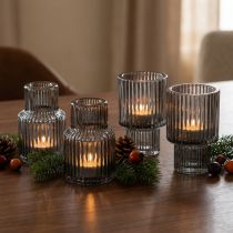 Product Set of 4 Grey Ribbed Glass Candle Holders for Taper and Tealight Candles, H8cm
