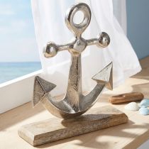 Product Anchor Decoration Metal on Wooden Base Silver Natural H21cm