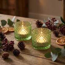 Product Green Glass Decorative Bowl and Tealight Holder Retro Design Ø10.5cm Set of 2