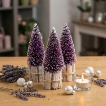 Product Decorative Christmas tree in purple with snow tip on a rustic wooden base 15cm 3 pieces.