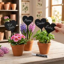 Product Wooden heart-shaped flower stakes, decorative heart stakes, 9cm, set of 6