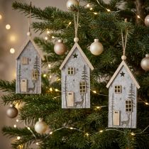 Product Christmas decoration felt houses, beige, 15cm, set of 6