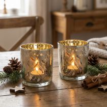 Product Glass Tealight Holders with Bird and Snowflake Design, Gold Interior, 8cm, Set of 2