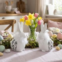 Product Ceramic Rabbit White Sitting Flowers Feathers 9×7×14cm 2pcs