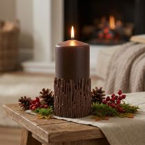 Product Pillar candle with branches, decorative, dark brown, 150/70mm, forest look