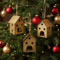 Product Metal Christmas Ornaments Vintage Gold House Design H9.5cm Set of 3