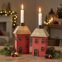 Product Candle holder house wood red stick candle holder H14.5cm 2pcs