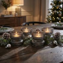 Product Ribbed Glass Tealight Holders Grey Tinted Ø9cm H7cm Set of 4