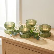 Product Glass tealight holders, decorative, ribbed, green, Ø9cm, H7cm, 4 pieces