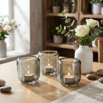 Product Glass Tealight Holders Grey Ribbed Design 8cm Set of 6