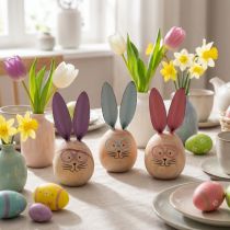 Product Set of 3 Wooden Bunny Figures with Metal Ears and Glasses, 14cm, Pastel Colours