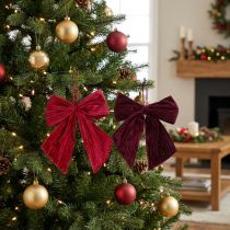 Product Red and Burgundy Velvet Bows for Hanging Christmas Decorations 24cm Set of 2