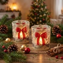Product Glass Candle Holder with Red Bow and Christmas Branches 8cm Set of 2