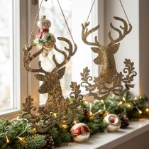 Product Reindeer for hanging, Christmas decoration, deer head, metal pendant golden antique look H23cm 2 pcs