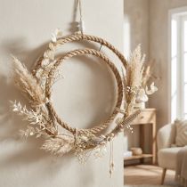 Product Double decorative ring, boho style, wall and window decoration, jute metal ring, natural silver color, Ø41cm