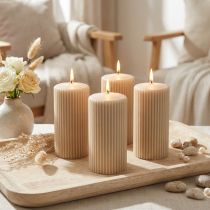 Product Pillar candles, beige, grooved, 70/130mm, 4 pieces