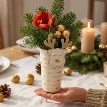 Product Reindeer plant pot, Advent decoration, metal decoration, planter for Christmas white, golden H28cm Ø8.5cm