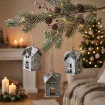 Product Set of 3 Metal Hanging Christmas House Decorations, Shabby Chic, White, H9.5cm