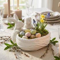 Product Rabbits with nest, table decoration, Easter nest, porcelain decoration, decorative bowl white L15cm H11cm