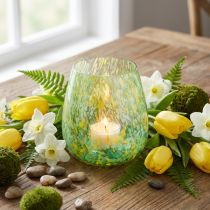 Product Tealight holder glass decoration yellow green pattern Ø6.5cm H10cm