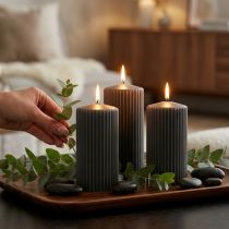 Product Anthracite pillar candles, grooved, high-quality wax blend, 70/130mm, set of 4, long burning time, versatile use