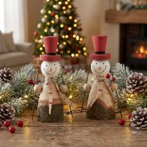 Product Adorable set of 2 wooden snowmen with red top hats – winter table decoration – natural &amp; red, 15.5 cm 2 pieces
