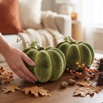 Product Set of 2 Flocked Green Velvet Look Pumpkins, 20cm, Decorative Fall Decoration