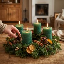 Product Premium pillar candles, dark green, 70x80mm, set of 4, colored throughout