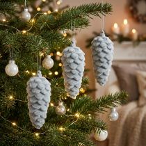 Product Pine cones, grey flocked, 11.5cm, 6 pieces, decoration