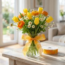 Product Gift ribbon, floral organza ribbon, yellow/orange, 25mm x 18m