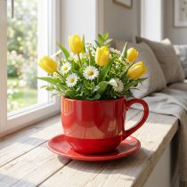 Product Large Red Ceramic Cup Planter with Attached Saucer, 17cm