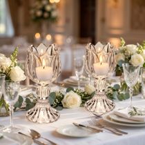 Product Glass candle holders with a floral pattern for elegant table decoration, 14cm, 2 pieces